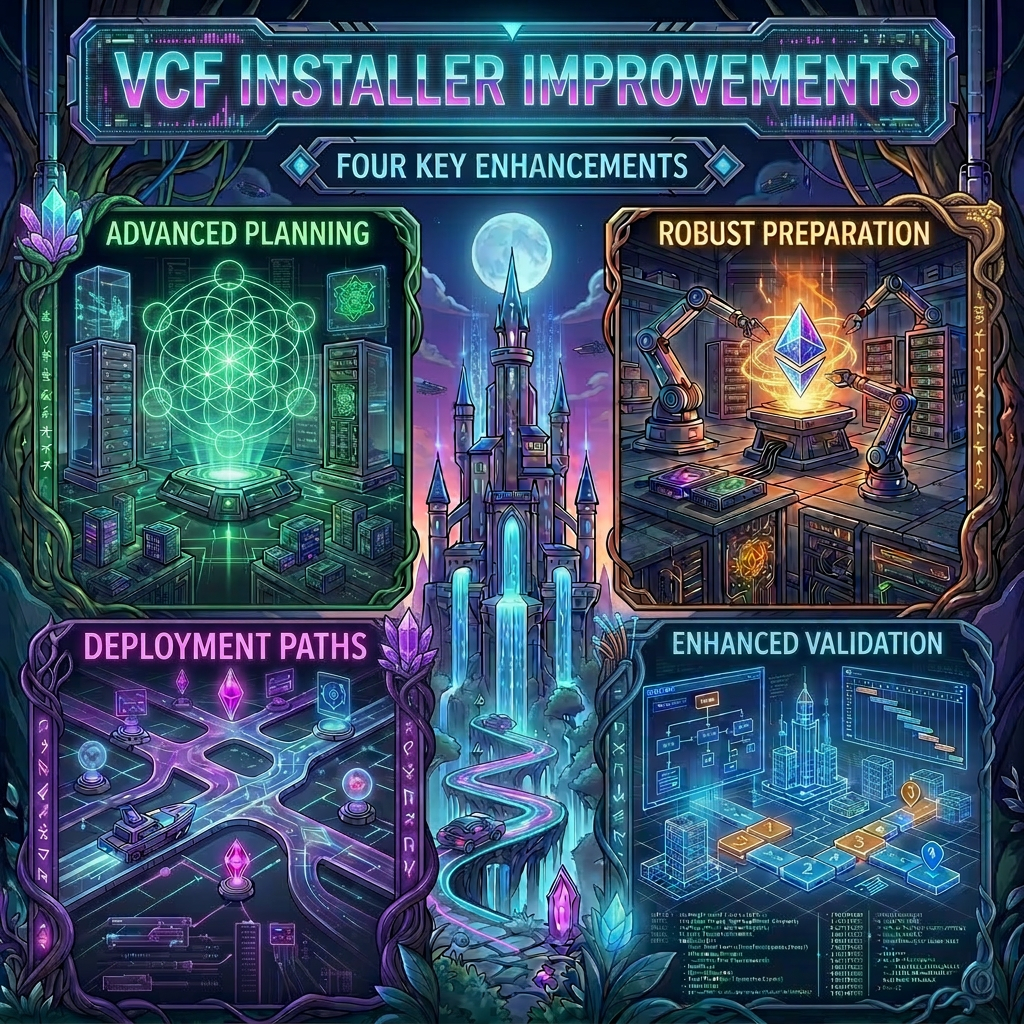 Four key VCF Installer improvements: Enhanced Validation, Streamlined Workflow, Automated Scale, and Advanced Monitoring.