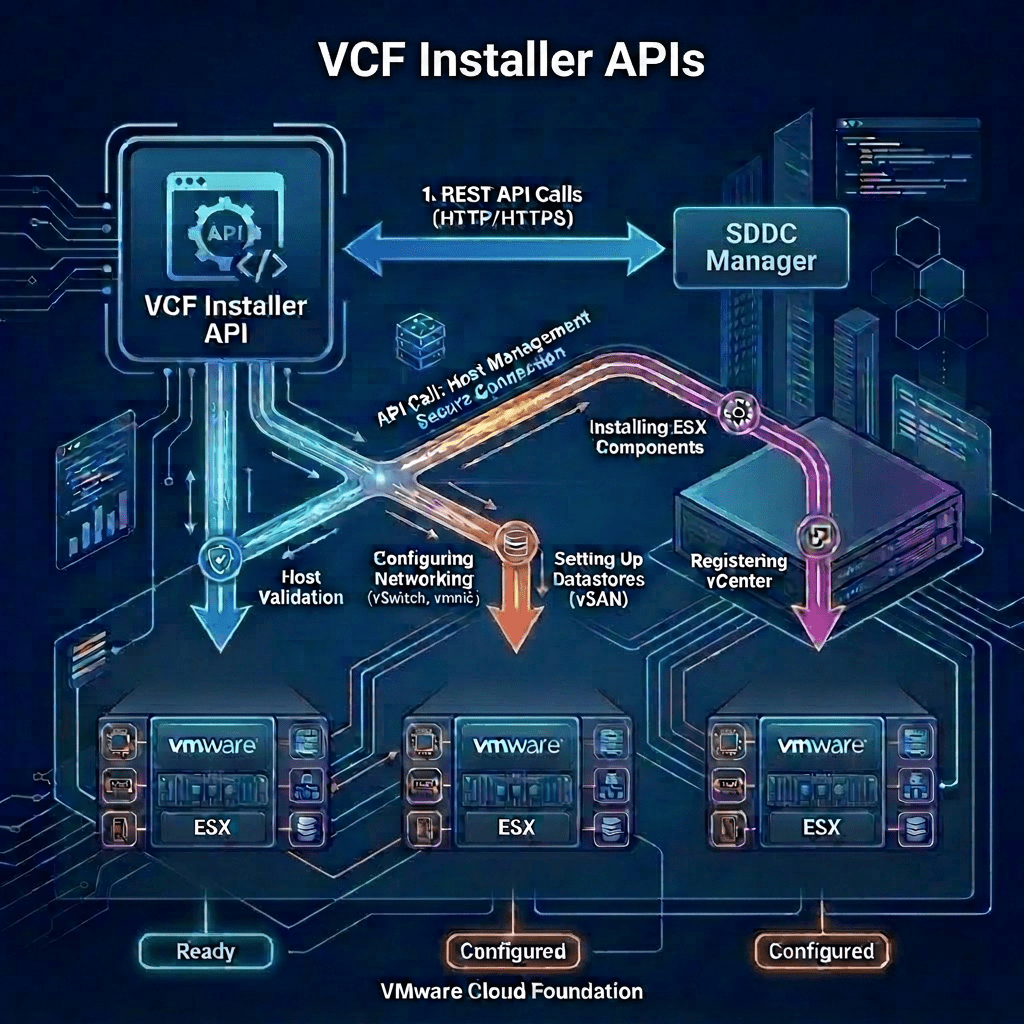VCF Installer API interacting with ESX Hosts and VCF SDDC Manager for host validation, networking, datastore setup, installation, and registration.